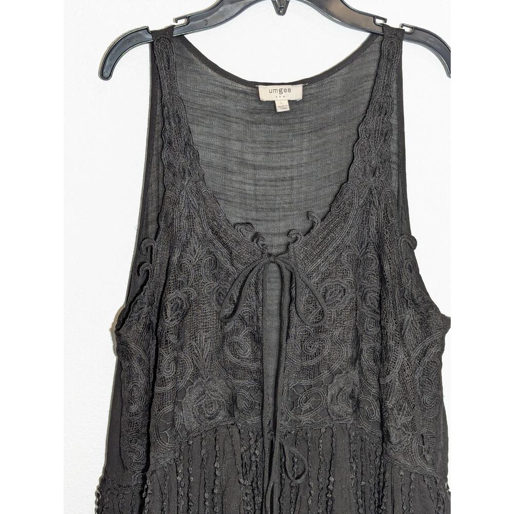 UMGEE Black Gauze Duster Swim Topper Crochet Lace Fringe Sleeveless Tie Front L - Picture 2 of 7